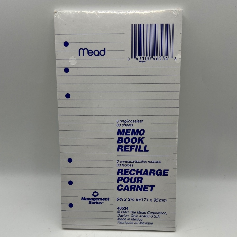 Mead Memo Book Refill Management Series 6.75 x 3.75 inches Sealed 2001 VTG
